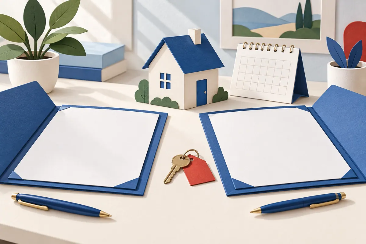 Illustration d’une maison en maquette, de dossiers et de clés pour examiner une cession de droits immobiliers.
