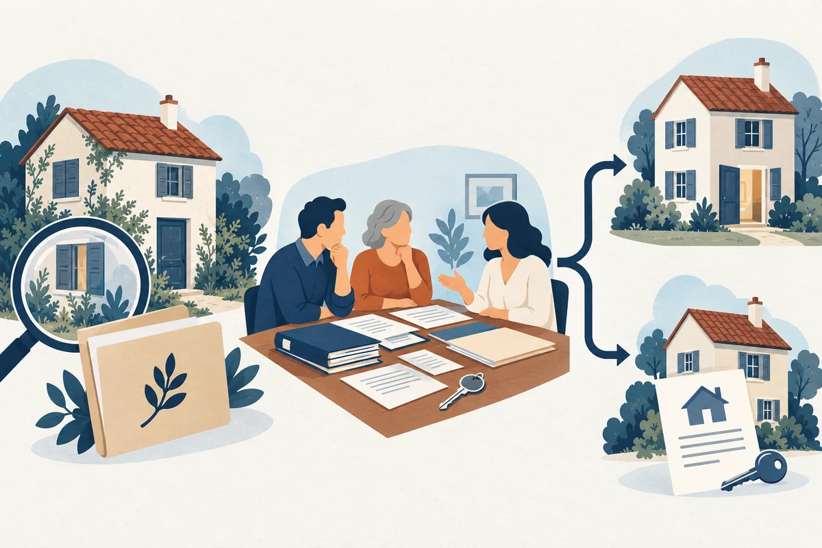 Illustration IA : vérifier l’occupation d’une maison héritée, réunir les documents entre héritiers et examiner récupération ou vente.