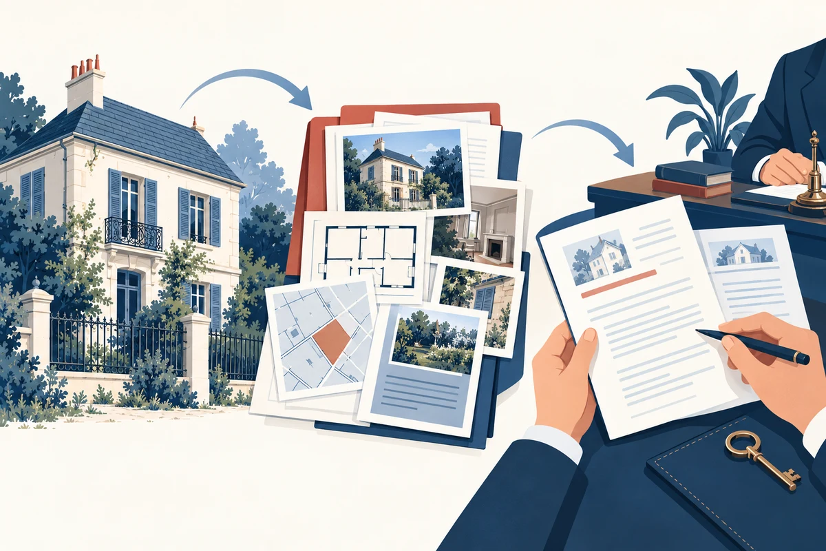 Illustration IA : documenter la maison héritée et son occupation, comparer une proposition puis préparer la vente avec le notaire.
