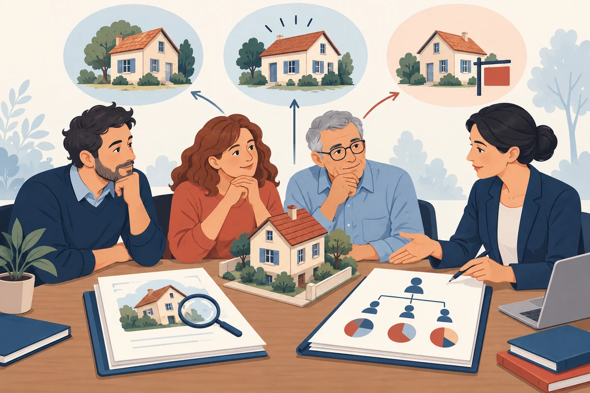 Illustration IA : des héritiers examinent les droits, l’occupation et leurs projets pour une maison héritée en indivision.