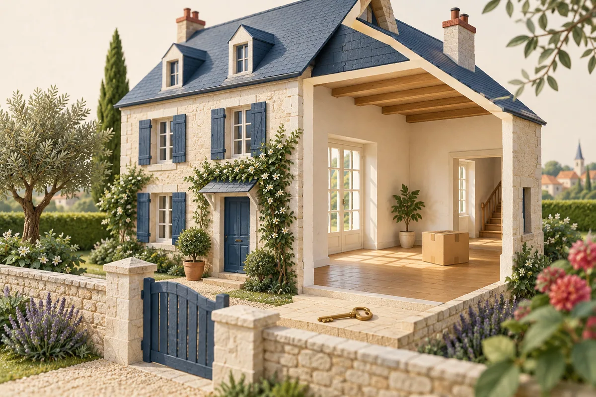 Illustration d’une maison ouverte sur un séjour vide, avec un carton et une clé sur le seuil.