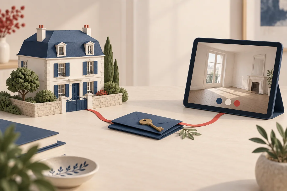 Illustration d’une maison reliée à une tablette, avec un dossier et des clés.