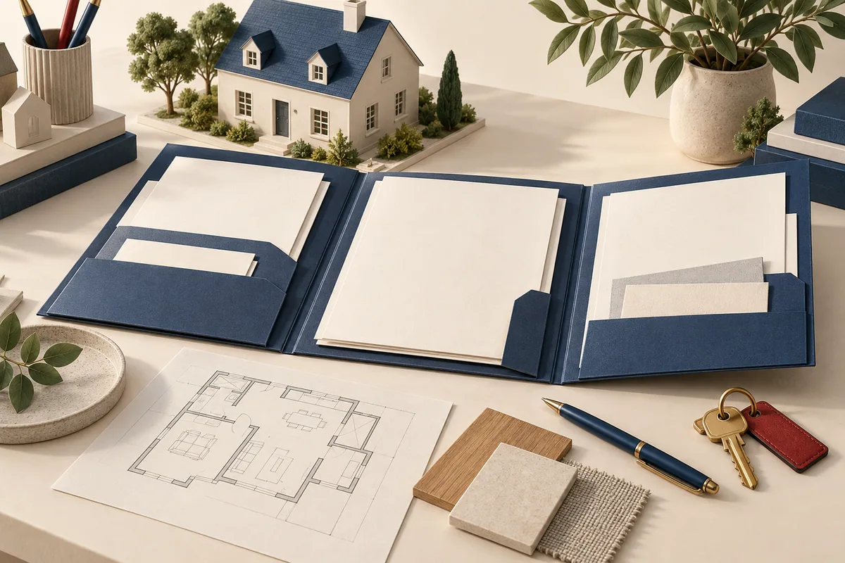 Illustration de dossiers, d’un plan de logement et de clés réunis sur une table.