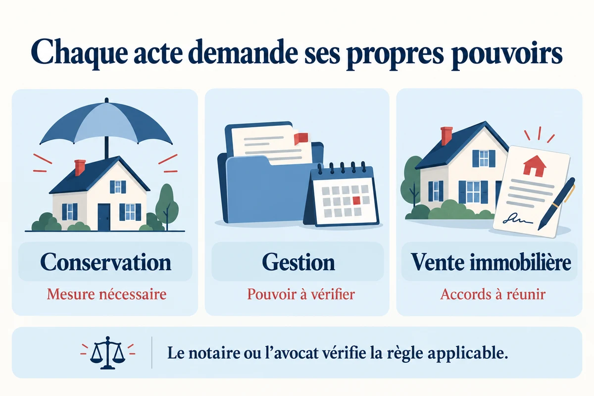 Chaque acte demande ses propres pouvoirs : conservation, mesure nécessaire ; gestion, pouvoir à vérifier ; vente immobilière, accords à réunir. Le notaire ou l’avocat vérifie la règle applicable.