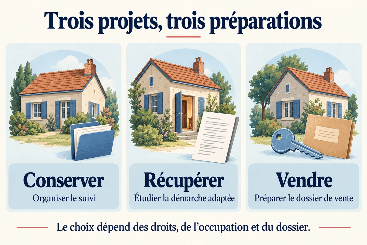 Trois projets : conserver et organiser le suivi ; récupérer et étudier la démarche adaptée ; vendre et préparer le dossier de vente. Le choix dépend des droits, de l’occupation et du dossier.