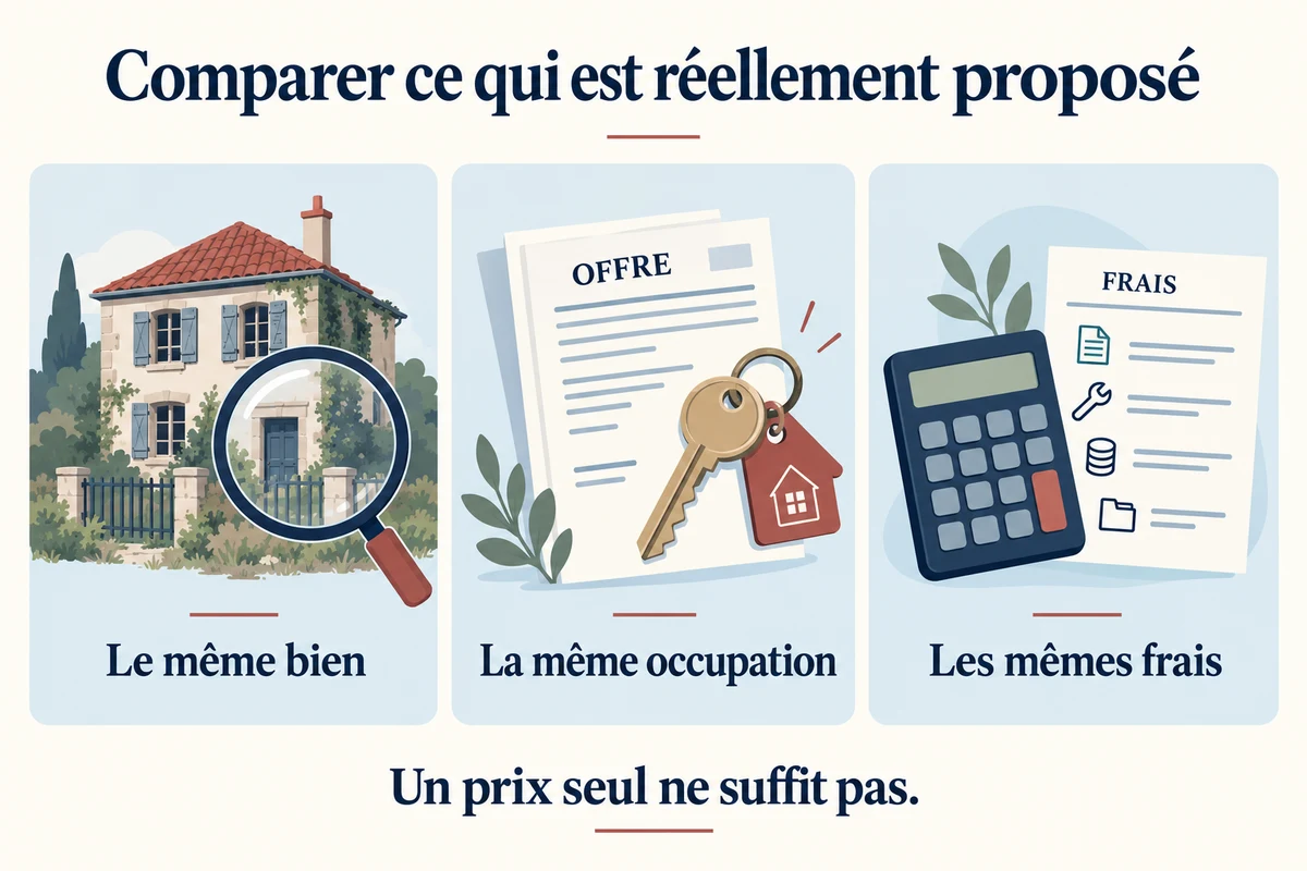 Comparer ce qui est réellement proposé : le même bien, la même occupation et les mêmes frais. Un prix seul ne suffit pas.